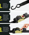 Auto Retractable Ratchet Straps 1 Inch By 6 Feet Beefy Cargo Tie Downs showing hook and ratchet mechanism steps for use.