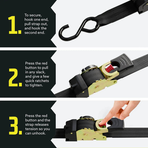 Auto Retractable Ratchet Straps 1 Inch By 6 Feet Beefy Cargo Tie Downs showing hook and ratchet mechanism steps for use.