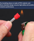 Close-up of 200 Pcs Wire Ferrule Connectors VE0510 24 AWG Copper Crimp Ferrules with red PVC insulation being flame-tested