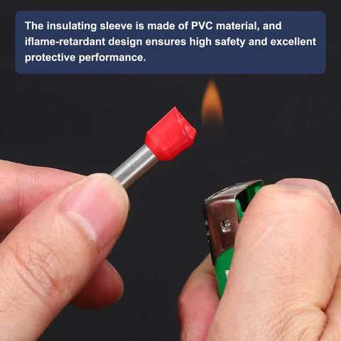 Close-up of 200 Pcs Wire Ferrule Connectors VE0510 24 AWG Copper Crimp Ferrules with red PVC insulation being flame-tested