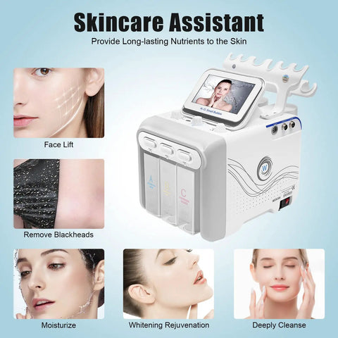6 in 1 Hydrogen Oxygen Facial Machine for Deep Cleansing, with face lift, moisturization, and whitening rejuvenation images.