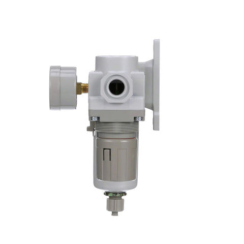 Side view of Compressed Air Filter Regulator Combo With 3/8 Inch NPT, featuring a poly bowl with guard and manual drain.