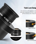 Close-up of 2 Inch To 1.25 Inch Eyepiece Adapter For Telescopes Twist Lock Metal Construction design diagram