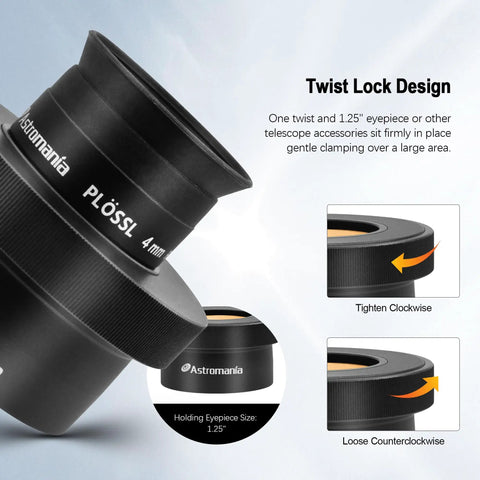 Close-up of 2 Inch To 1.25 Inch Eyepiece Adapter For Telescopes Twist Lock Metal Construction design diagram