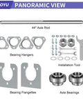 Heavy Duty Go Kart Live Axle Kit 44 Inch With 1 Inch Diameter showing axle rod, bearing hangers, flangettes, and tools.