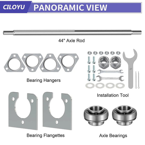Heavy Duty Go Kart Live Axle Kit 44 Inch With 1 Inch Diameter showing axle rod, bearing hangers, flangettes, and tools.