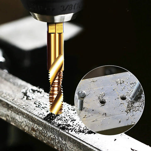 Six Piece Combination Drill Tap Bit Set SAE One Quarter Twenty NC Thread Size Titanium Coated High Speed Steel in use on metal