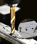 Close-up of Six Piece All In One Time-Saving Combination Drill Tap Bit Set Titanium Coated in action on metal surface