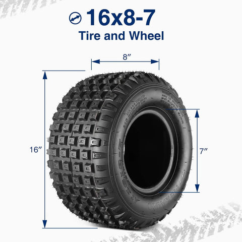 16x8-7 ATV Tires Set Of 2 Beefy Knobby Tubeless 6 Ply Go Kart Mini Bike Tires Heavy Duty 6PR Load Rating For Non Highway Use And Off Road Ready Great Traction On Dirt Trails shown with dimensions, side profile