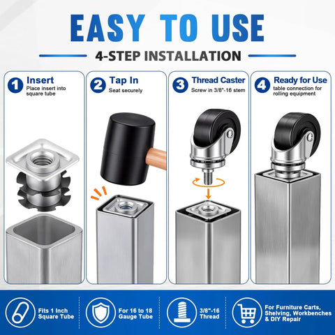 4-step installation guide for 40 Pcs Threaded Caster Inserts 3/8-16 for 1 Inch Square Tubes 16 to 18 Gauge, heavy duty DIY repair parts.