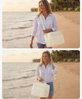 Woman carrying Insulated Puffer Cooler Bag Holds Thirty Two Cans Soft Side Duffel Tote With Double Deck Setup Built For Weekend Warrior Chill Sessions Tailgate Stashes And Day Trip Essentials Beige on beach during sunset.