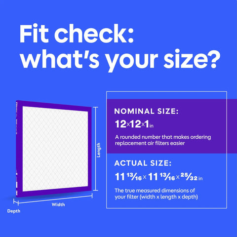 Nominal and actual size dimensions of 4 Pack 12x12x1 MERV 12 Air Filters with MPR 1500 for accurate fitting.