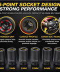 Weighted Half Inch Drive Harmonic Balancer Socket Set With 17Mm 19Mm 21Mm 22Mm 24Mm 27Mm Deep Impact Sockets shown with grip and curved profile