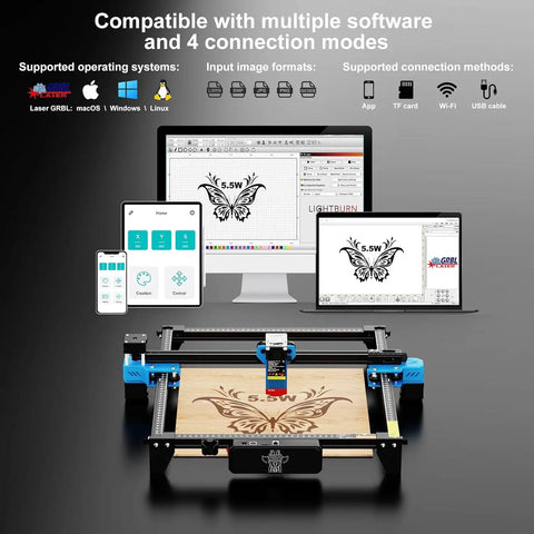 TTS-55 Pro Laser Engraver 5.5W DIY Laser Cutter With Air Assist showing software compatibility and connection modes