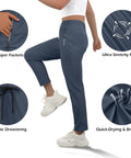 Lightweight Breathable Hiking Pants For Women Over 50 With Zipper Pockets Stretch Active Quick Dry Travel Pants For Camping Fishing And Workouts Comfortable Fit Navy Blue shown with stretch details in focus