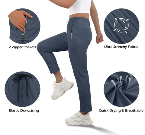 Lightweight Breathable Hiking Pants For Women Over 50 With Zipper Pockets Stretch Active Quick Dry Travel Pants For Camping Fishing And Workouts Comfortable Fit Navy Blue shown with stretch details in focus