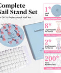 Magnetic Nail Stand Set For Press Ons Acrylic Nail Holder And Display Kit With Round Metal Base 10 Magnetic Holders 200 Double Sided Sticky Tabs Perfect DIY Nail Art Practice And Salon Display image showing complete kit with accessories.