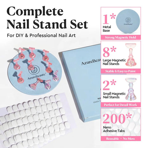 Magnetic Nail Stand Set For Press Ons Acrylic Nail Holder And Display Kit With Round Metal Base 10 Magnetic Holders 200 Double Sided Sticky Tabs Perfect DIY Nail Art Practice And Salon Display image showing complete kit with accessories.