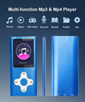 Front view of a blue 16GB Portable MP3 Player With Video, Voice Recorder, FM Radio, Ebook Reader, Photo Viewer, AMV Video Support, FLAC Audio, 1.8 Inch LCD Display, showing music icons on screen.