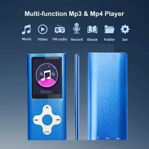 Front view of a blue 16GB Portable MP3 Player With Video, Voice Recorder, FM Radio, Ebook Reader, Photo Viewer, AMV Video Support, FLAC Audio, 1.8 Inch LCD Display, showing music icons on screen.