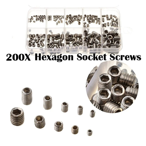 200 Pcs M3 M4 M5 M6 M8 304 Stainless Steel Grub Screws Hex Socket Set, Hex Head Assortment Kit For Machinery, Workshop DIY Projects, And Heavy Duty Fastening, 200X hexagon socket screws in organizer