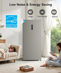 14 Cubic Feet Upright Freezer Convertible Freezer Fridge Featuring Smart Digital Interface And True Frost Free Design Ultra Silent Workhorse Heavy Duty Bulk Hauler For Home Or Garage in a modern living room with a child sleeping nearby.