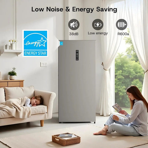 14 Cubic Feet Upright Freezer Convertible Freezer Fridge Featuring Smart Digital Interface And True Frost Free Design Ultra Silent Workhorse Heavy Duty Bulk Hauler For Home Or Garage in a modern living room with a child sleeping nearby.