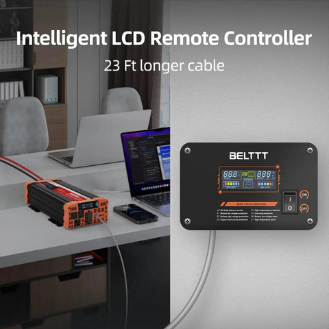 Smart LCD Remote Controller With Real Time Voltage Readouts for BAP Series Pure Sine Wave Inverters displayed on office wall
