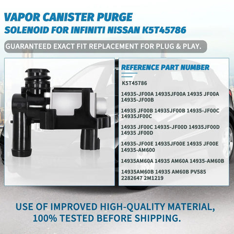 Diagram of EVAP Canister Vent Solenoid For Nissan And Infiniti Vehicles 2003 To 2015 Easy Install Purge Valve Replacement part numbers
