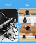 Under Desk Cable Management Kit with 20 Pairs Adjustable Hook And Loop Ties and 6 Inch Zip Ties, before and after cord organization comparison