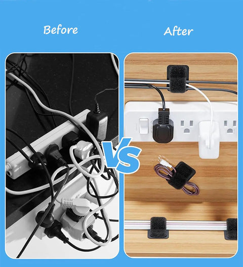 Under Desk Cable Management Kit with 20 Pairs Adjustable Hook And Loop Ties and 6 Inch Zip Ties, before and after cord organization comparison