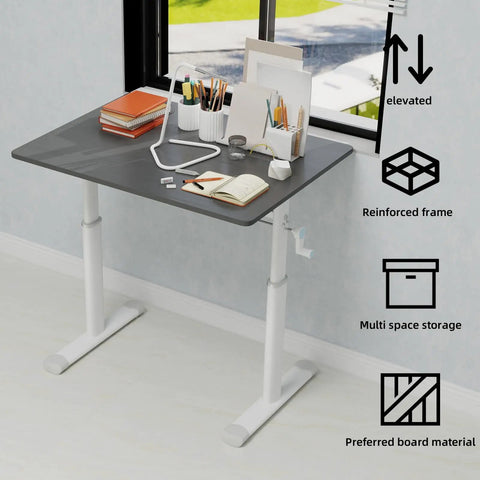 Game Changer Manual Crank Height Adjustable Standing Desk 32X24 Inch with ergonomic design and multi-storage office accessories.