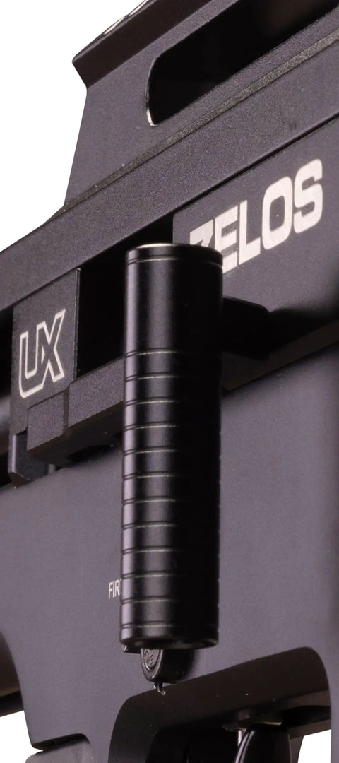 Close-up of side lever on Zelos 22 Caliber PCP Pellet Gun Air Rifle With 20-Round Rotary Magazine and Adjustable Regulator