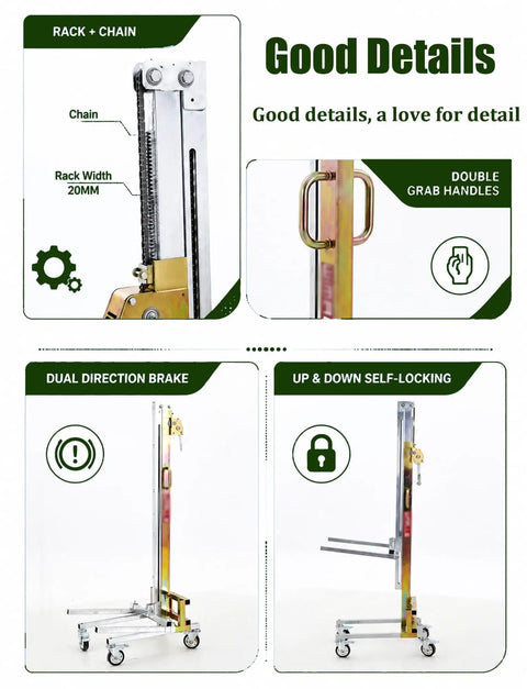 Compact Material Lift Stacker With Manual Winch Forklet offers details of dual direction brake and double grab handles.