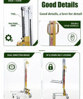 Image of Handy Portable Material Lift Stacker With Manual Winch Forklift showing rack details, double grab handles, and braking system.