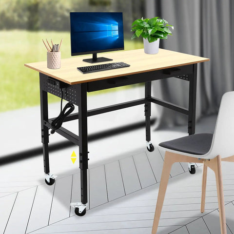 Heavy Duty Rolling Workbench Adjustable Height Rock Solid Steel Base Durable Hardwood Top Smooth Glide Casters Tool Cart For Garage Workshop Home Flex Setup with computer and plant.