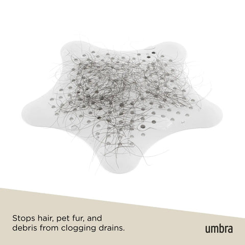 Heavy Duty Starfish Hair Catcher With Rock Solid Suction Cups For Bathtub Drains Seals Around Nasty Clogs Quick White Six Inch with trapped hair.