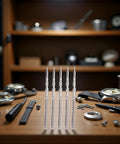 Five Piece Silver Movement Watch Stem Crown Kit For NH35 NH36 NH38 NH39 Movements And Repair Tools on wooden table