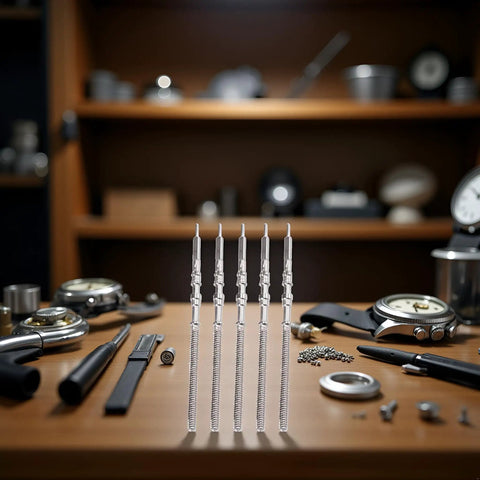 Five Piece Silver Movement Watch Stem Crown Kit For NH35 NH36 NH38 NH39 Movements And Repair Tools on wooden table