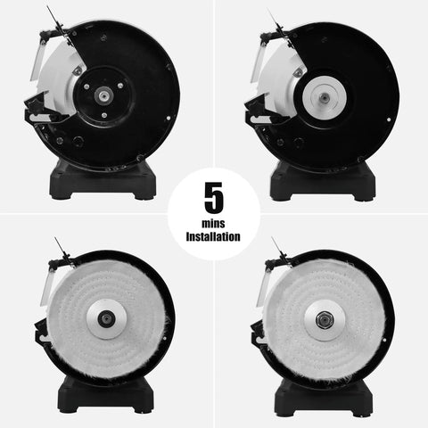 Badass 1/2 Horsepower Dual Speed Bench Grinder Buffer Combo showing installation angles and features on a black textured base.