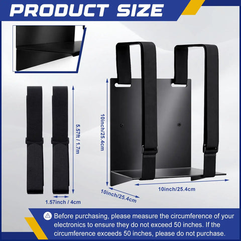 Universal PC Wall Mount Rock Solid Metal Support Bracket For Desktop Towers And CPUs with adjustable straps, measures 10x10 inches.