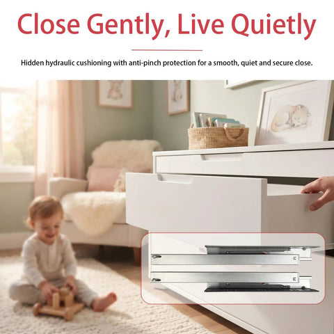 6 Pair 14 Inch Undermount Drawer Slides Soft Close Full Extension Cabinet Hardware shown with a baby playing nearby.