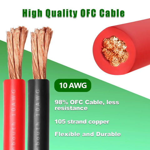 10 Gauge Battery Cable Copper Wire Set Red And Black 20ft Total OFC Welding Cable 10 AWG For Automotive Solar Marine Generator PVC Jacket Built Tough With High Conductivity, 10 AWG red and black copper strands
