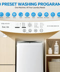 Compact Portable Washing Machine With Full Automatic 1.06 Cubic Feet Capacity And 10 Wash Cycles control panel with program options.