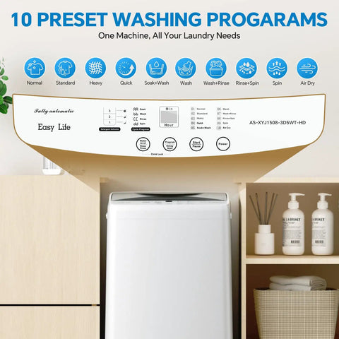 Compact Portable Washing Machine With Full Automatic 1.06 Cubic Feet Capacity And 10 Wash Cycles control panel with program options.