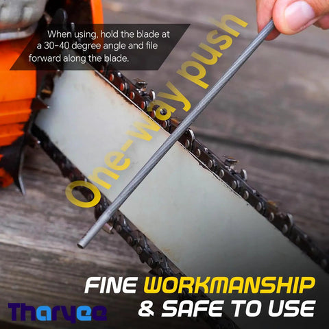 Person using 12 Pack Five Thirty Second Inch Chainsaw Sharpening Files Set on a chainsaw, Pro Grade Circular Chainsaw File Kit visible