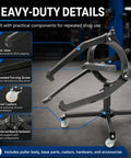 Beefy Three Jaw Brake Drum Puller With Adjustable Arms And Four Caster Legs For Cars And Trucks, tool details.