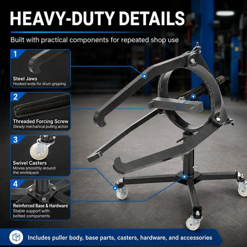 Beefy Three Jaw Brake Drum Puller With Adjustable Arms And Four Caster Legs For Cars And Trucks, tool details.