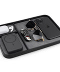 Slick Two Tone PU Leather Catchall Tray Hella Organized Entryway And Living Room Table Organizer For Keys Wallet Watch Jewelry Coins Black Frame Daily Essential with sunglasses, phone, and key.