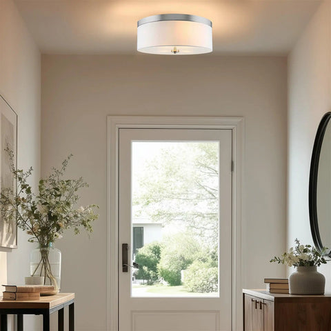 Mid Century Modern 3 Light Flush Mount Ceiling Light With Cream Fabric Shade And Round Glass Diffuser In Copper Bronze Finish